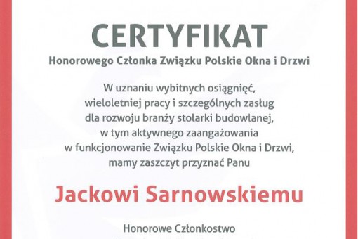 Prezes Zarządu Porta KMI Poland honorowym członkiem Związku Polskie Okna i Drzwi 