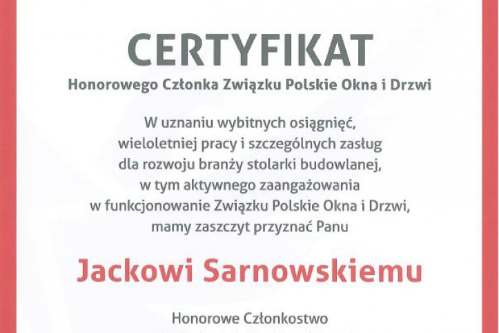 Prezes Zarządu Porta KMI Poland honorowym członkiem Związku Polskie Okna i Drzwi 