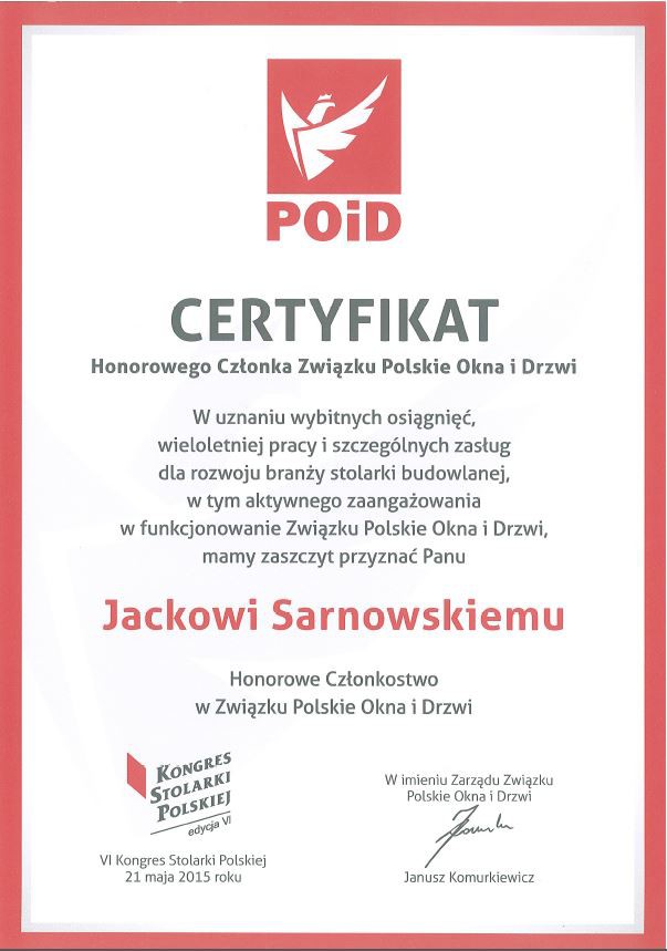 Prezes Zarządu Porta KMI Poland honorowym członkiem Związku Polskie Okna i Drzwi 