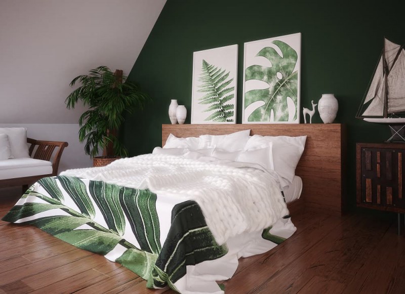 zielona sypialnia z drewnem