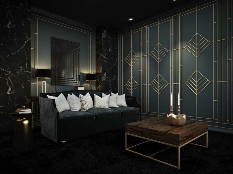 ciemna sypialnia w stylu art deco ze złoceniami na ścianach