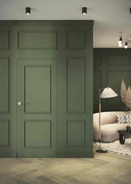 drzwi ukryte PortaHIDE w kolorze zielonym ze sztukateria