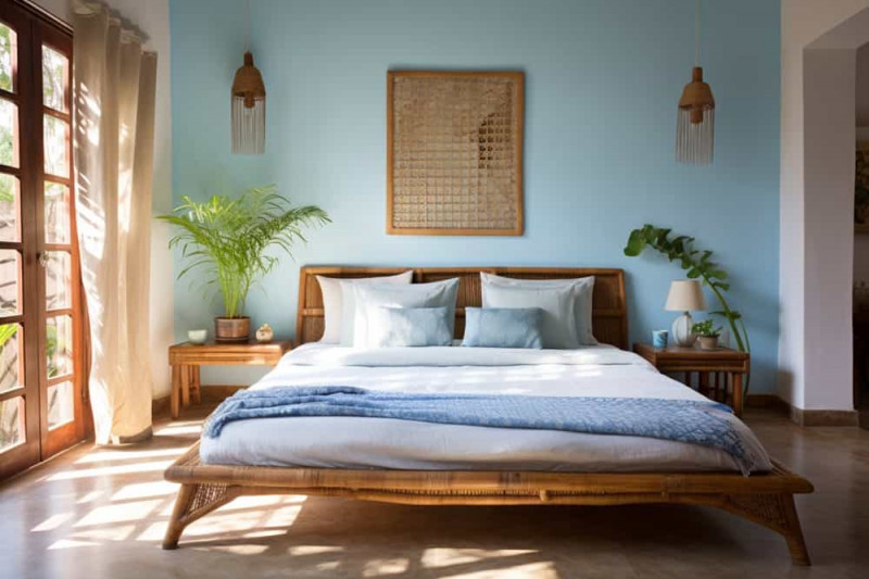 sypialnia w stylu boho z niebieską ścianą za ł&oacute;żkiem