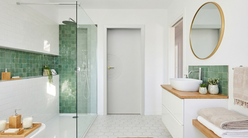 zielona łazienka z białymi drzwiami