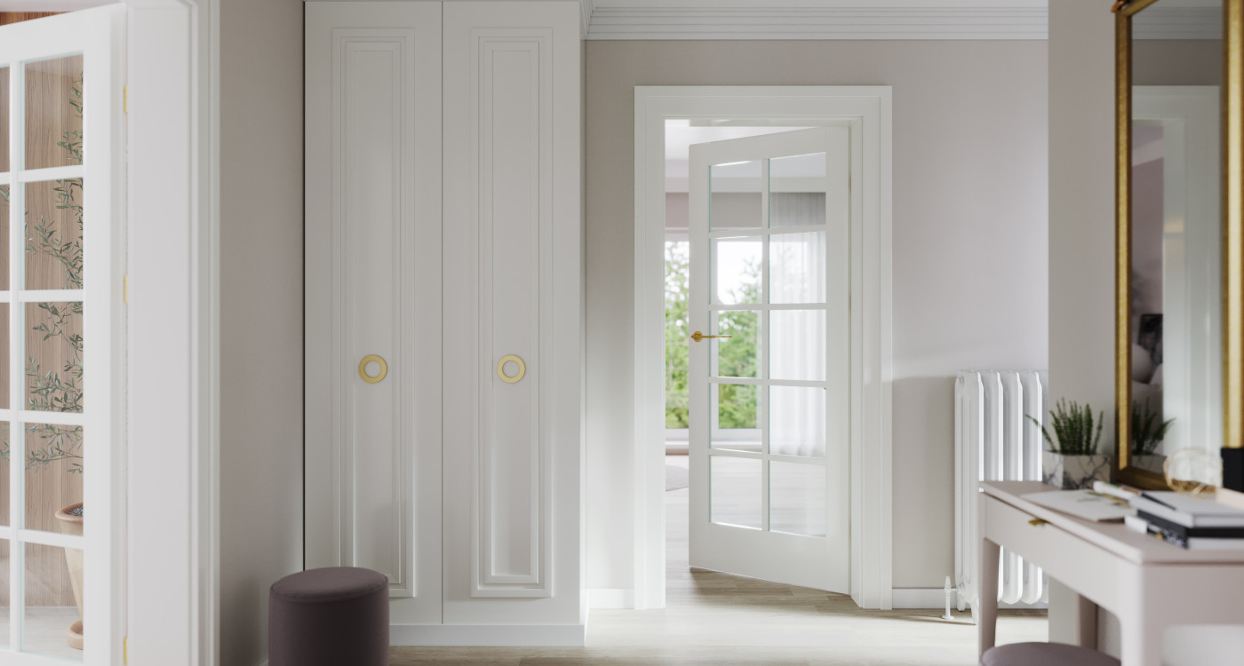 Porta VERRO_V1_Lakier UV Premium Plus_Biały_Ośc Ps Elegance_Pilastr Lineo_klamka Lago Złoty Mat