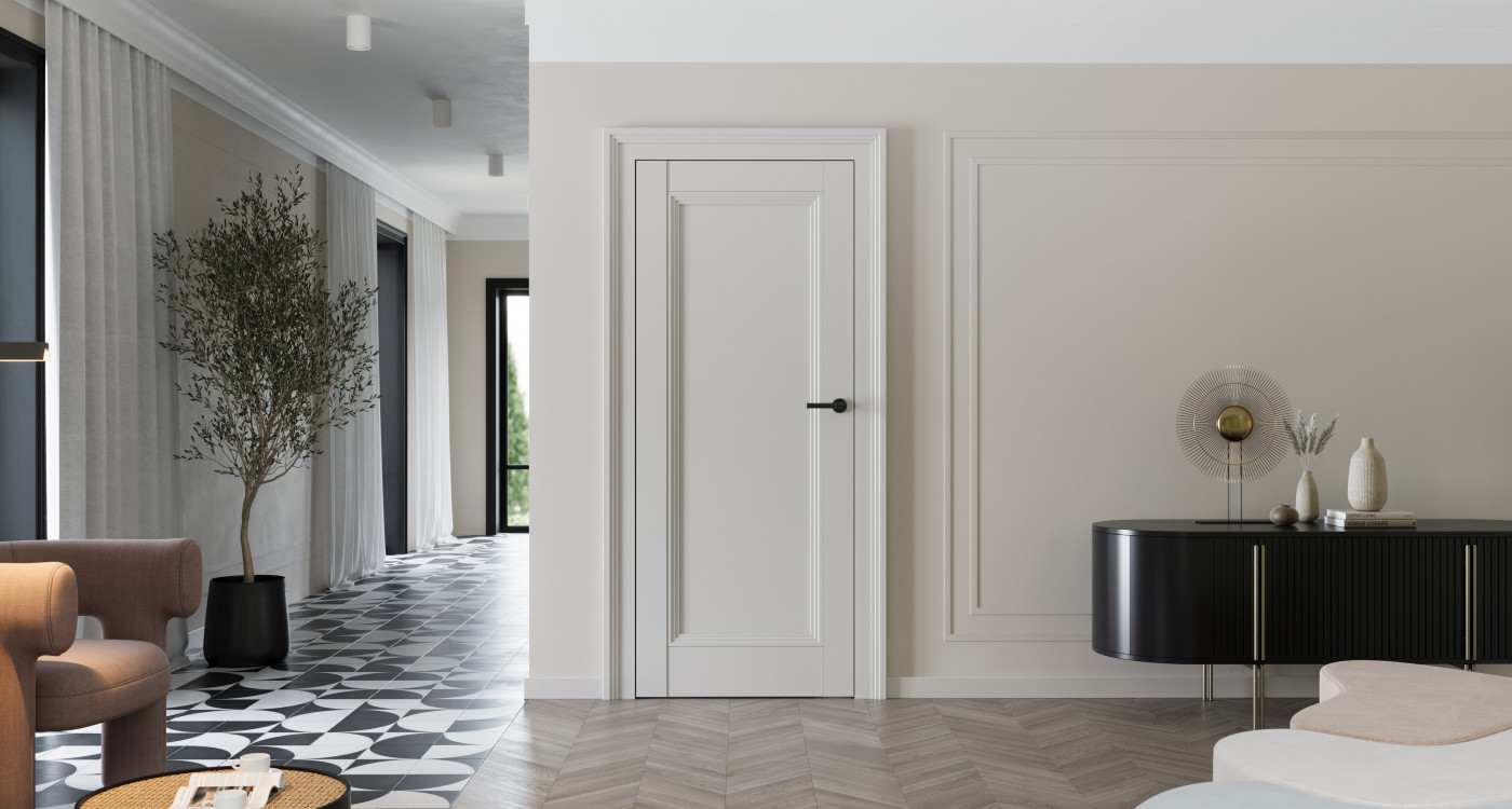 Porta IMPERIAL_I1_Lakier UV Premium Plus_Kaszmir NCS S2002-Y50R_Ośc. Ps Elegance_pilastr Imperial_klamka Moderno Czarny