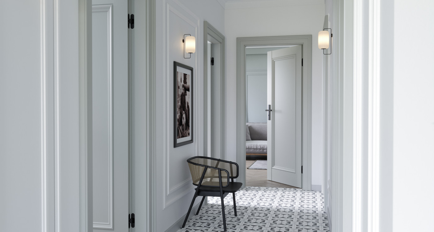 Porta ORNATO_O1_Lakier UV Premium Plus_Szary RAL 7035_Ośc. PS Elegance_pilstr Ornato_klamka Lungo Czarny