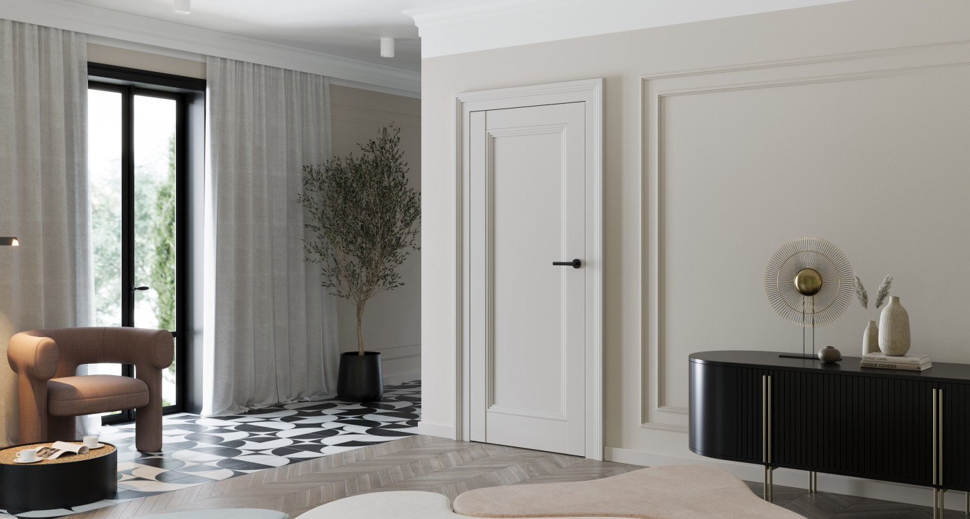 Porta IMPERIAL_I1_Lakier UV Premium Plus_Kaszmir NCS S2002-Y50R_Ośc. Ps Elegance_pilastr Imperial_klamka Moderno Czarny
