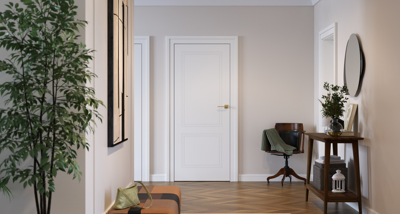 PORTA VECTOR Premium_V_Lakier UV Premium_Biały_Ośc. PS Elegance_Klamka Lago Złoty_Pilastr Lineo_Arn_PORTA_RN_Classic_poziom