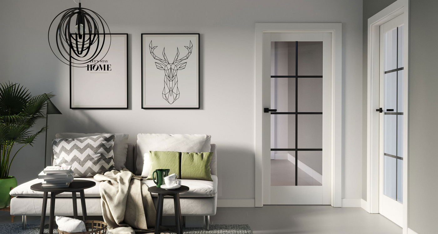 białe drzwi przeszklone z kolekcji PORTA VERTE HOME model B.5 ze szprosami