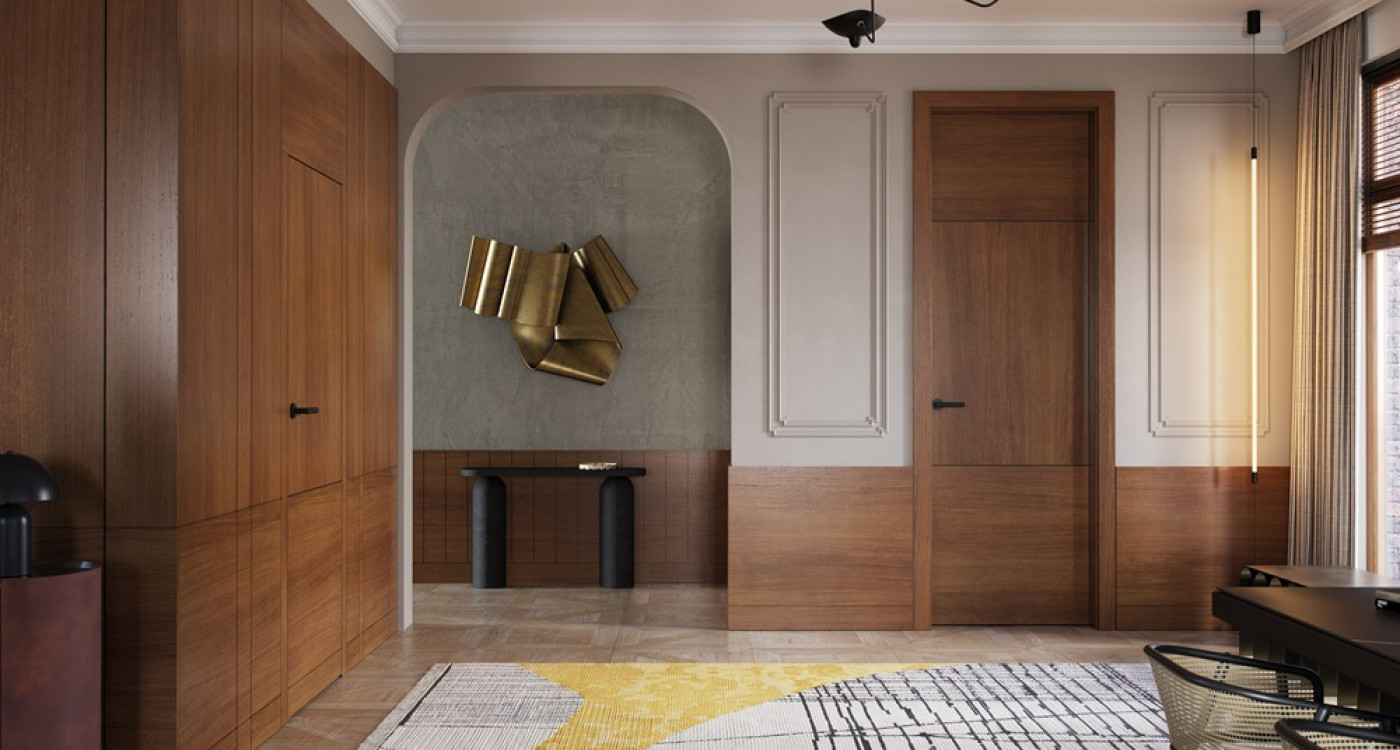 ZabudowaFornirowa_oscLevel_drzwi255_okleinaNaturalnaTabaccoPasiak_klamkaAzuraCzarny_intarsjeCzarny_frez_arn_Porta_RN