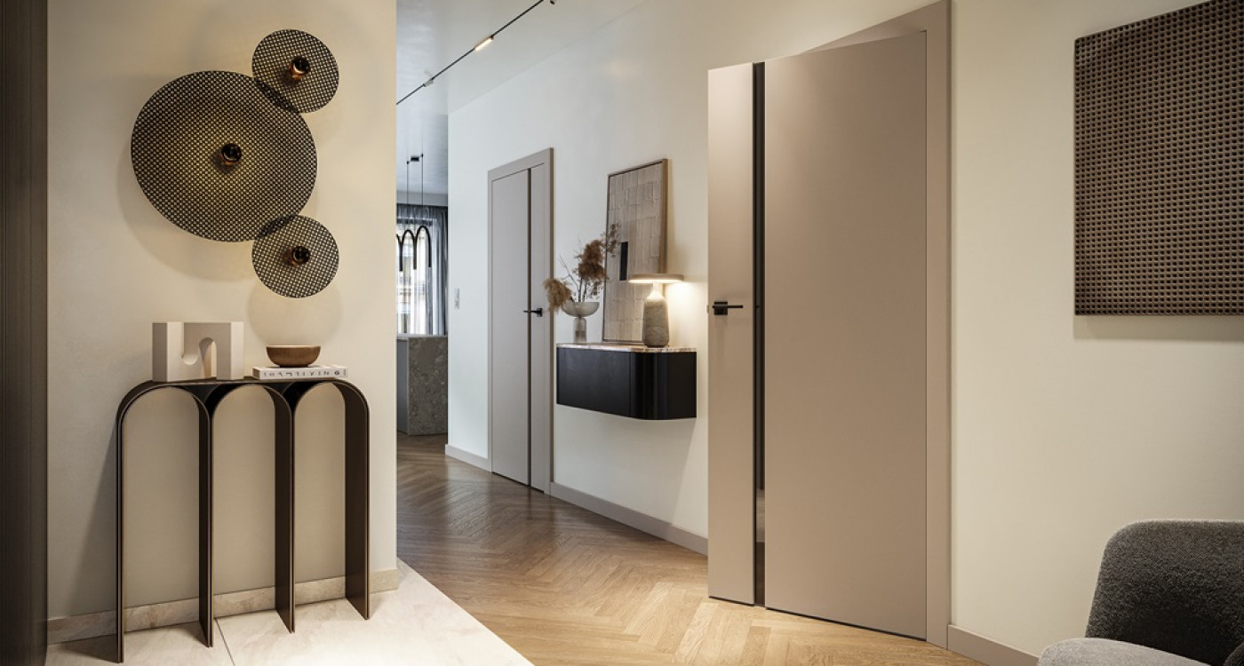 Kaszmirowe drzwi wewnętrzne PORTA UNI KOLOR MODERN_model 4A z czarną szybą