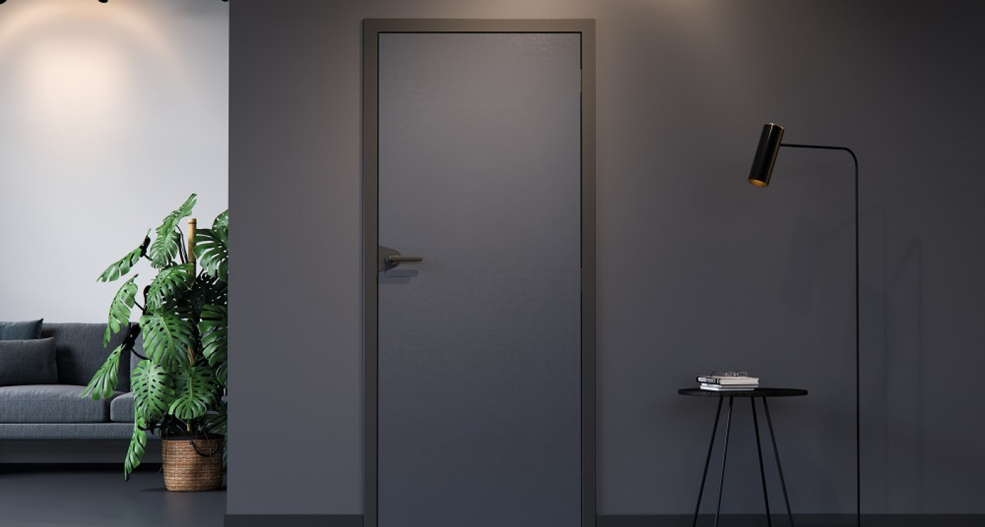 Drzwi wewnętrzne w kolorze antracyt z czarną ościeżnicą, klamką i okuciami