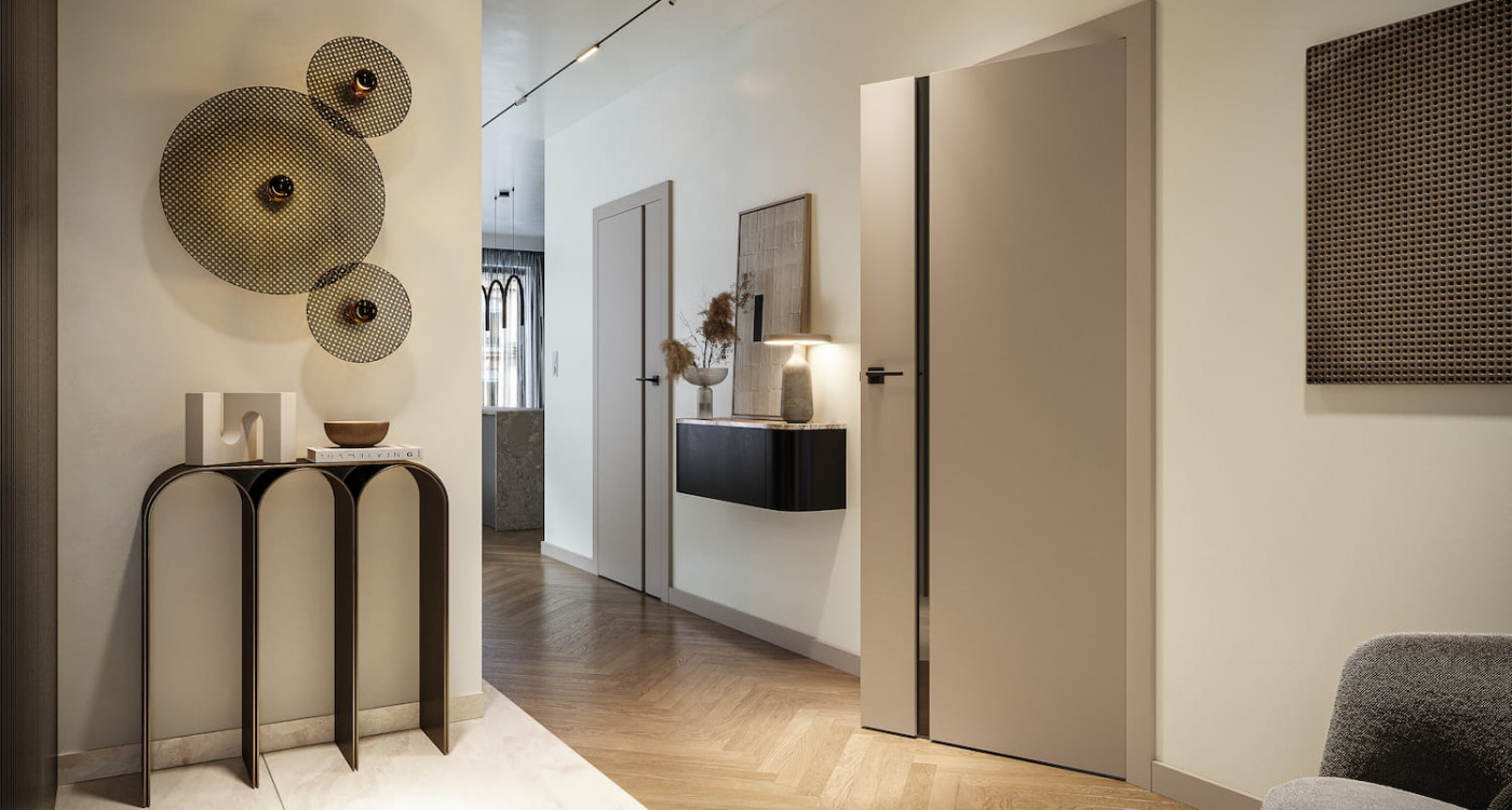 kaszmirowe drzwi PORTA UNI KOLOR MODERN model 4.A z czarną pionowa szyba Okleina Lakierowana Matt