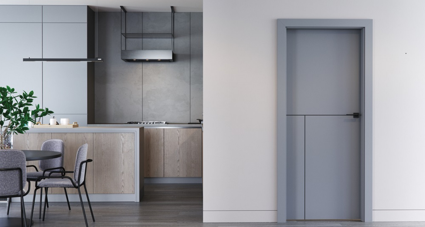 szare drzwi wewnętrzne PortaLINE_model L1_okleina Lakierowana_czarne_intarsje