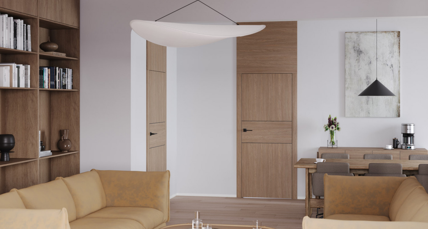 PORTA LEVEL LINE_L3_Okleina_GRUPA II_Dąb Arles Toffee_Ośc Level 100_Intarsje Czarny_Klamka Lago_Czarny_Poziom ukos