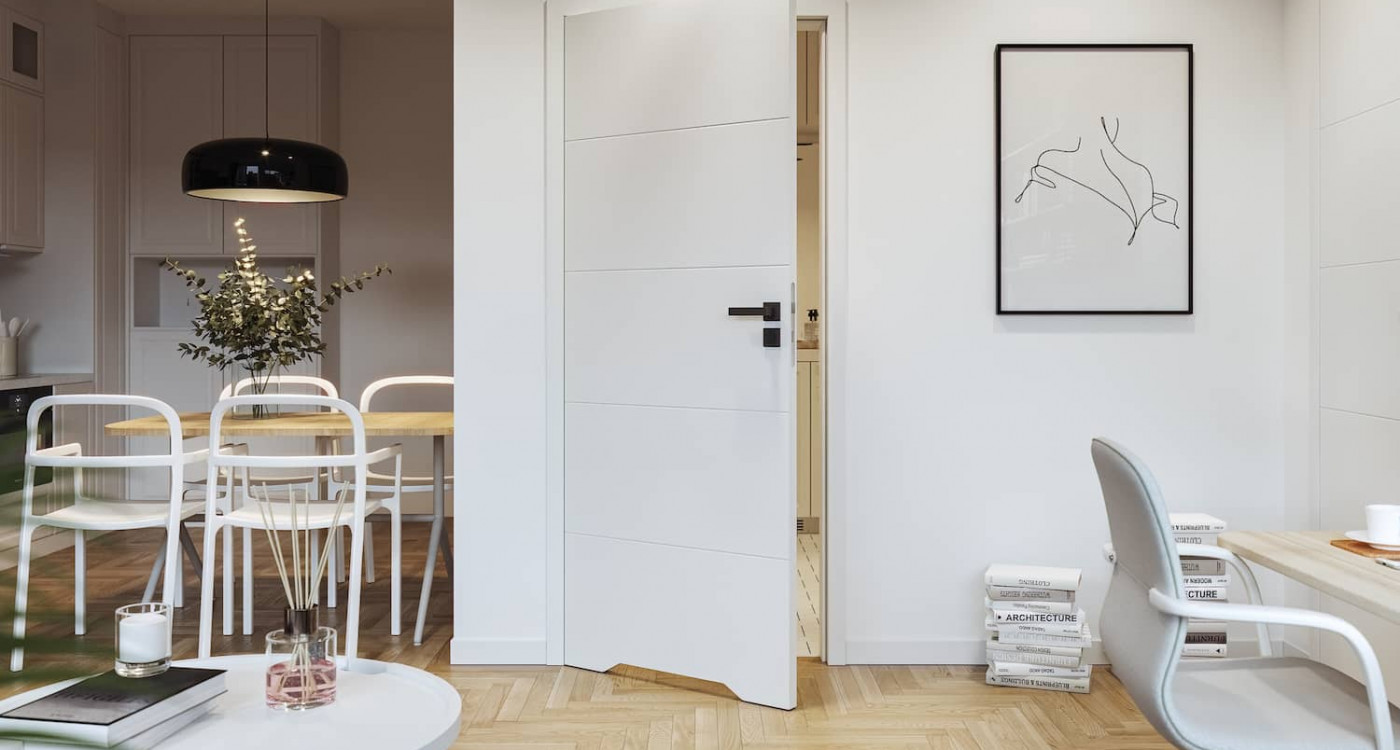 białe drzwi łazienkowe Porta VECTOR model E z czarna klamka