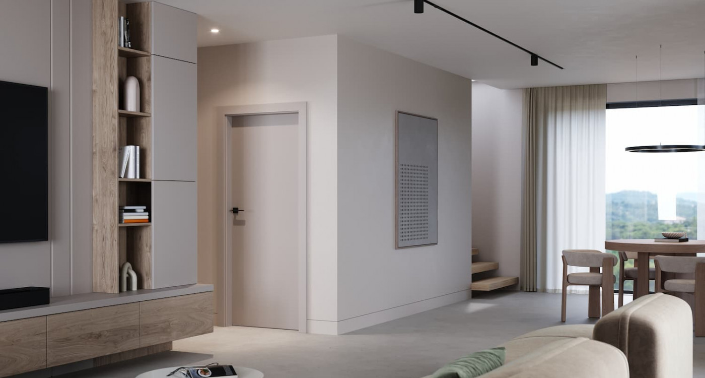 Szare drzwi wewnętrzne z kolekcji Porta CPL model 1.1 pokryte Laminatem kolor Szary Piaskowy MATT