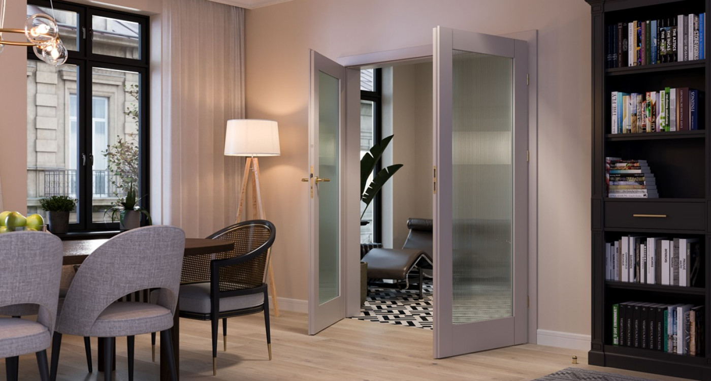 PORTA GRANDE_A1_Podwójne_Lakier UV Premium Plus_Kaszmir_Klamka Azura_Złoty_Szyba Ryflowana_Arn Porta