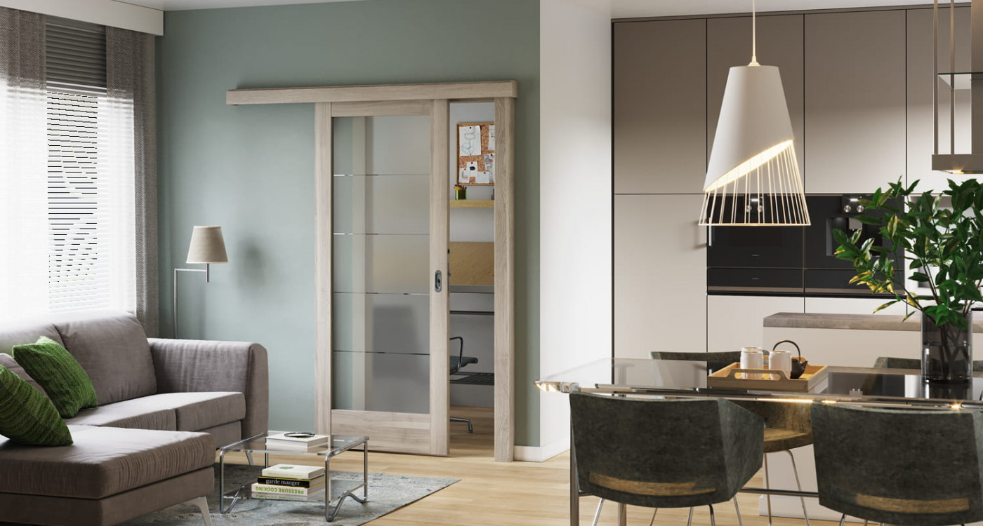 drzwi PORTA VERTE HOME model B5 z systemem Przesuwnym Porta Okleina Portasynchro3d kolor Akacja Srebrna