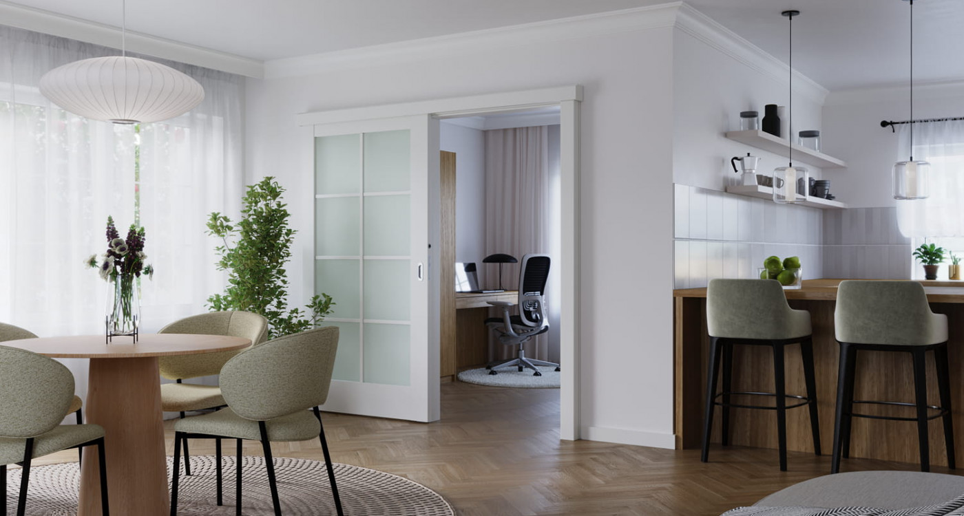 drzwi wewnetrzne PORTA CLASSIC HOME model C1 z systemem przesuwnym Porta Okleina Portadecor kolor Biały