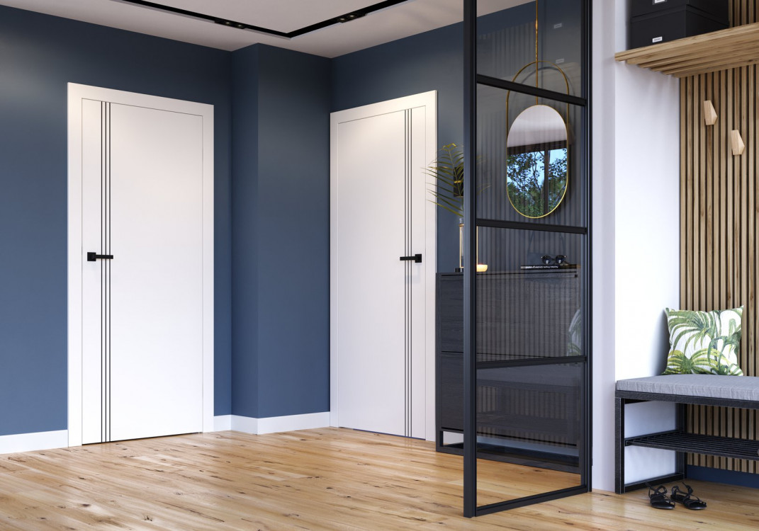 PORTA LINE B1, Laminat Cpl, Biały, Ośc. PSE, Intarsje Czarny, Klamka Elegant Czarny