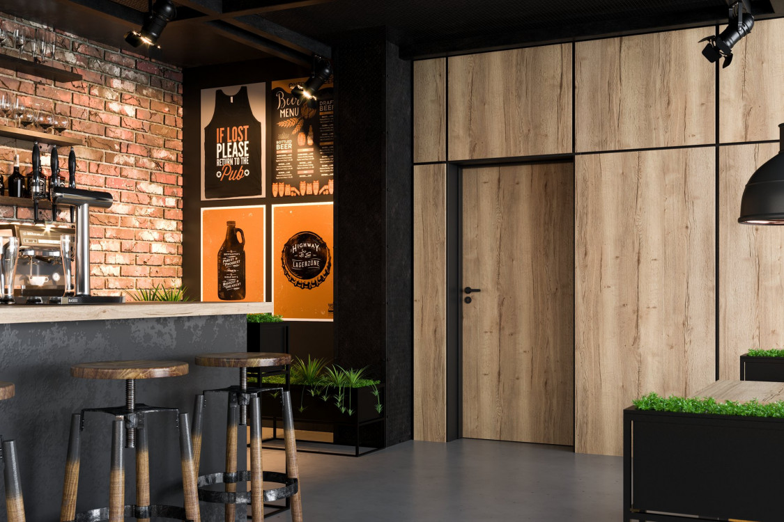 PORTA RESIST 11, Dąb Halifax Naturalny, Ośc. Stalowa Reg. na kant, Czarny, Zabudowa Panelowa, Klamka Simple Czarny