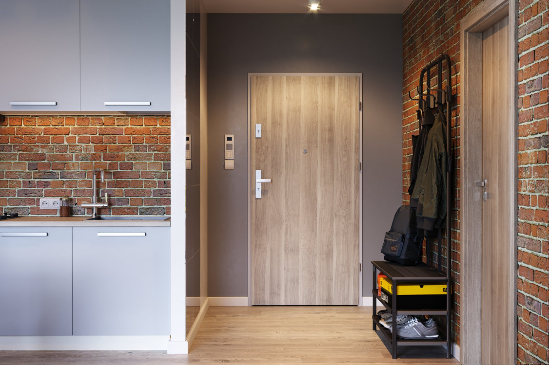 OPAL, Pełne, Okleina Portasynchro3d, Akacja Srebrna, Ośc. Stalowa KD, Farba Poliestrowa Premium, Popielaty, Wizjer, Klamka Agat Srebrny