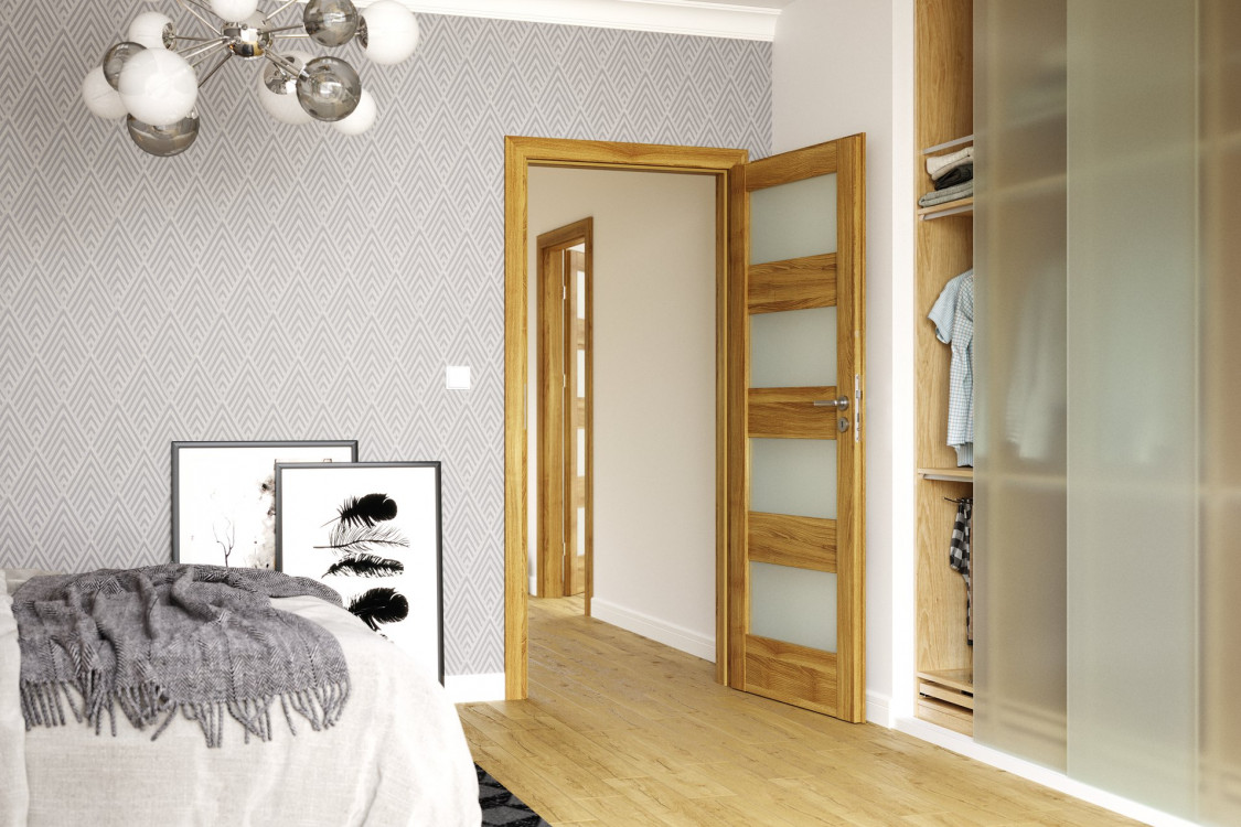 PORTA VERTE HOME L4, Okleina Portasynchro3d, Akacja Miodowa, Ośc. PS, Szyba Matowa, Klamka Accent Srebrny