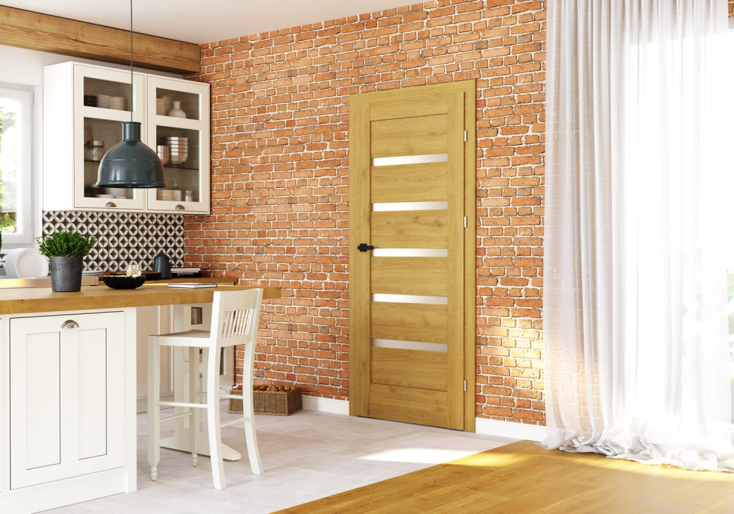 PORTA VERTE HOME H4, Okleina Portaperfect3d, Dąb Naturalny, Ośc. PS, Szyba Matowa, Klamka Rumba Czarny