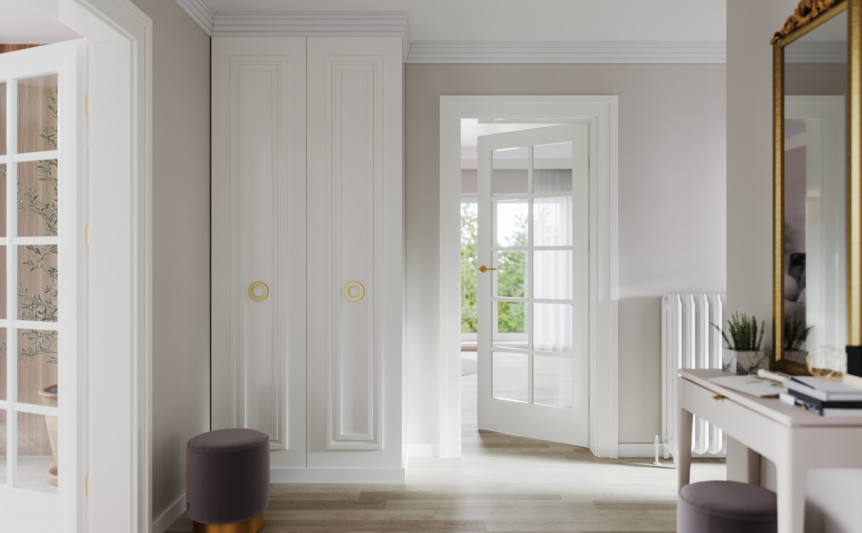 Porta VERRO_V1_Lakier UV Premium Plus_Biały_Ośc Ps Elegance_Pilastr Lineo_klamka Lago Złoty Mat