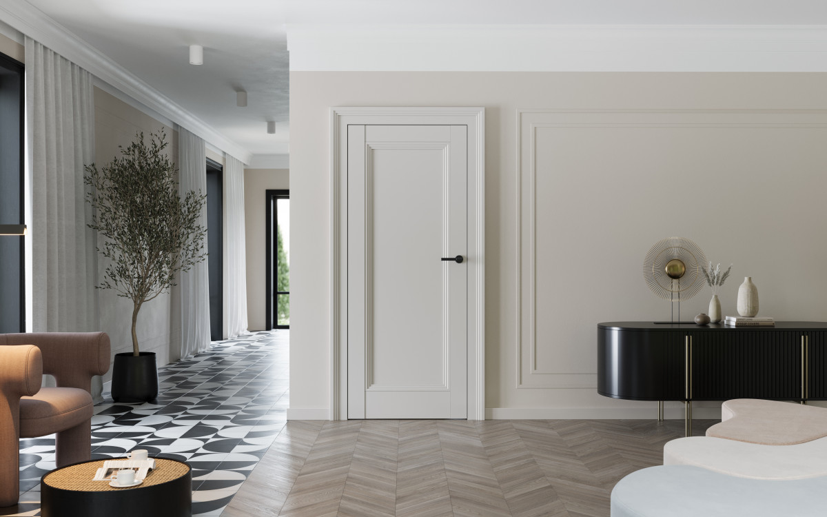 Porta IMPERIAL_I1_Lakier UV Premium Plus_Kaszmir NCS S2002-Y50R_Ośc. Ps Elegance_pilastr Imperial_klamka Moderno Czarny