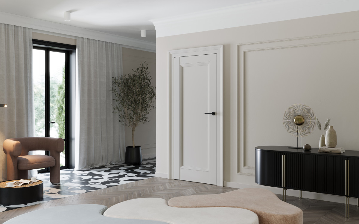 Porta IMPERIAL_I1_Lakier UV Premium Plus_Kaszmir NCS S2002-Y50R_Ośc. Ps Elegance_pilastr Imperial_klamka Moderno Czarny