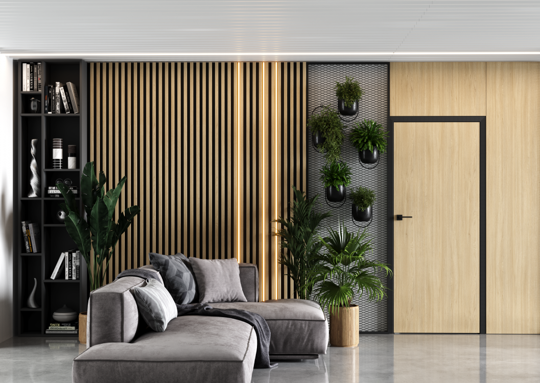 PORTA DECOR_P_Okleina Portaperfect3d_Dąb Matowy_Ośc. Stalowa PSE_Czarny_Klamka Divo FitQ_Czarny_Siatka_Zabudowan Panelowa_Arn Porta